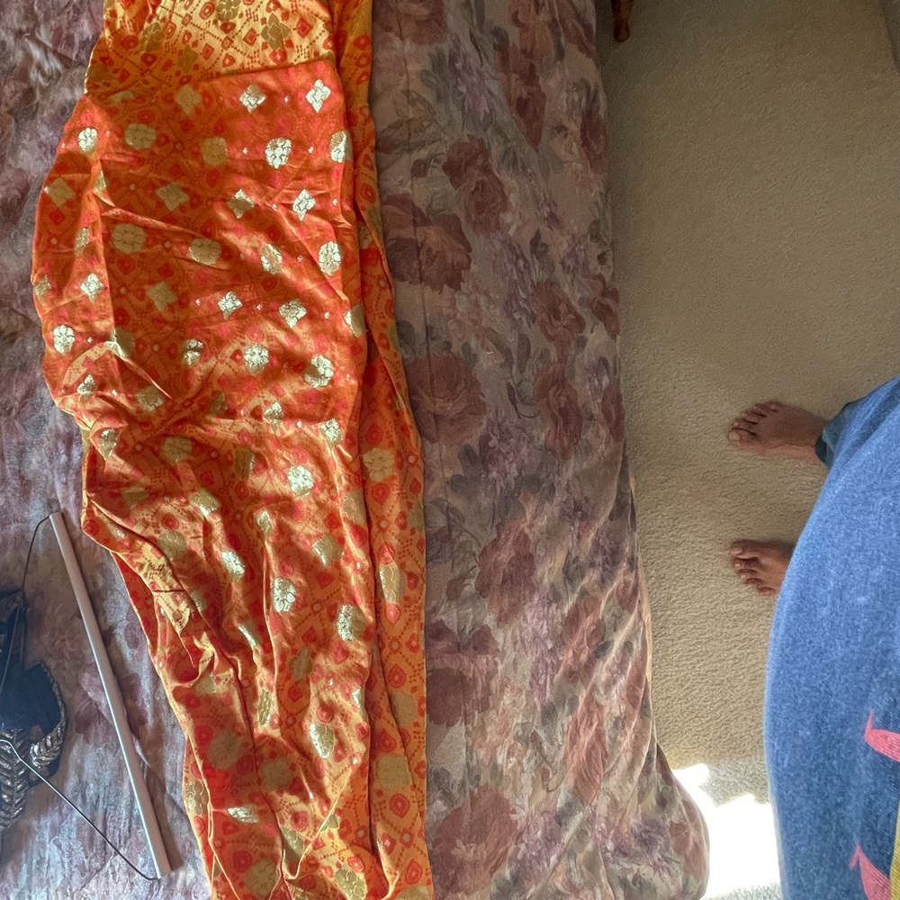 Orange and Gold Printed Sari-Style Fabric